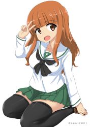 Rule 34 | 10s, 1girl, arm support, black neckerchief, black thighhighs, blouse, blunt bangs, brown footwear, commentary request, full body, girls und panzer, green skirt, loafers, long hair, long sleeves, looking at viewer, miniskirt, neckerchief, one-hour drawing challenge, ooarai school uniform, open mouth, orange eyes, orange hair, pleated skirt, school uniform, serafuku, shibagami, shirt, shoes, simple background, sitting, skindentation, skirt, smile, solo, takebe saori, thighhighs, twitter username, v, white background, white shirt, yokozuwari