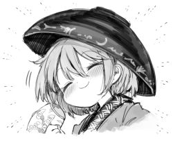 Rule 34 | 1girl, blush, bowl, bowl hat, closed mouth, closed eyes, greyscale, harusame (unmei no ikasumi), hat, head tilt, japanese clothes, kimono, mallet, monochrome, portrait, short hair, simple background, smile, solo, sukuna shinmyoumaru, touhou, white background