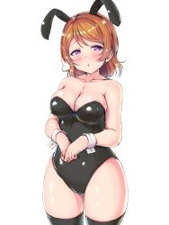 Rule 34 | 1girl, absurdres, animal ears, bare shoulders, black leotard, black thighhighs, blush, breasts, brown hair, cleavage, collarbone, fake animal ears, highres, koizumi hanayo, large breasts, leotard, looking at viewer, love live!, love live! school idol project, open mouth, playboy bunny, purple eyes, rabbit ears, shinonon (iso shino), short hair, sidelocks, simple background, solo, thighhighs, white background, wrist cuffs