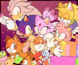 Rule 34 | !, 3boys, 4girls, :&gt;, ^ ^, absurdres, amy rose, animal ears, animal nose, arm around neck, arm up, bare shoulders, bike shorts, birthday, black border, blaze the cat, blue eyes, blue fur, blue hair, blush, body fur, border, bow, bowtie, box, brown hair, cat ears, cat girl, chao (sonic), cheese (sonic), child, closed eyes, closed mouth, confetti, constricted pupils, cream the rabbit, dress, embarrassed, fang, flat chest, forehead jewel, fox boy, fox ears, fox tail, furry, furry female, furry male, gem, gift, gift box, gloves, gradient background, green dress, green eyes, grey fur, grey hair, grey outline, grin, hair tie, hairband, happy, high heels, highres, holding, holding box, holding gift, holding party popper, hug, light blush, long hair, looking at another, looking back, looking up, marine the raccoon, multicolored hair, multiple boys, multiple girls, nervous, nose blush, one eye closed, open mouth, orange eyes, orange footwear, orange fur, orange gloves, orange hair, outline, outside border, party, party popper, pink footwear, pink fur, pink hair, pink outline, pointing, purple background, purple fur, purple hair, purple outline, rabbit ears, rabbit girl, rabbit tail, raccoon ears, raccoon girl, raccoon tail, red bow, red bowtie, red dress, red gemstone, red hairband, shoes, short dress, short hair, sidelocks, sideways mouth, silver the hedgehog, simple background, smile, sonic (series), sonic the hedgehog, spiked hair, stellarspin, strapless, strapless dress, sweat, tail, tails (sonic), topknot, traditional bowtie, twintails, two-tone fur, two-tone hair, white fur, white gloves, wink, yellow eyes, yellow fur, yellow outline