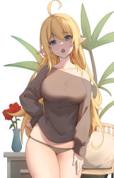 Rule 34 | 1girl, absurdres, ahoge, black panties, black sweater, blonde hair, blue eyes, blush, breasts, chair, collarbone, cowboy shot, elach, elf, flower, hand on own hip, hand on own thigh, highres, large breasts, long hair, long sleeves, off shoulder, open mouth, original, panties, pillow, pointy ears, red flower, red rose, rose, simple background, single bare shoulder, solo, sweater, underwear, vase, very long hair, white background