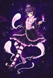 Rule 34 | 1girl, artist request, black dress, blackberry cookie, bow, brooch, candle, cookie run, curtain grab, curtains, dress, frills, full body, highres, humanization, jewelry, juliet sleeves, lolita fashion, long hair, long sleeves, looking at viewer, mary janes, petticoat, photoshop (medium), puffy sleeves, purple eyes, purple hair, shoes, solo, striped clothes, striped legwear, striped thighhighs, thighhighs, window