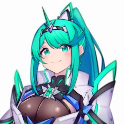 Rule 34 | 1girl, breasts, chest jewel, earrings, green eyes, green hair, hakusai (hksicabb), highres, jewelry, large breasts, long hair, looking at viewer, pneuma (xenoblade), ponytail, sidelocks, simple background, smile, solo, spoilers, swept bangs, tiara, white background, xenoblade chronicles (series), xenoblade chronicles 2
