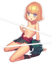 Rule 34 | 10s, 1girl, arm behind back, arm support, black socks, blonde hair, blue eyes, blush, breasts, buttons, censored, collarbone, convenient censoring, fang, fiodo, girls und panzer, green skirt, katyusha (girls und panzer), military, military uniform, navel, nude, open clothes, open mouth, panties, panties around leg, partially undressed, pleated skirt, pussy, pussy peek, short hair, simple background, sitting, skirt, small breasts, socks, solo, star (symbol), topless, underwear, uniform, wariza, white background, yellow panties