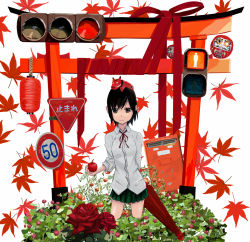Rule 34 | 1girl, black hair, flower, japanese postal mark, lantern, leaf, original, postbox, red theme, ribbon, rose, ryoun, short hair, sign, solo, torii, traffic light, umbrella