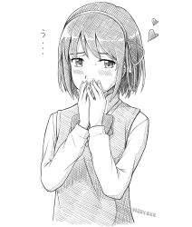 Rule 34 | 1girl, artist name, blush, breasts, choppy bangs, collared shirt, commentary request, covering own mouth, cropped torso, fairy.exe, greyscale, hair ribbon, heart, highres, kimi no na wa., long sleeves, looking at viewer, miyamizu mitsuha, monochrome, puffy sleeves, ribbon, shadow, shirt, short hair, sidelocks, small breasts, solo, spoken heart, sweater vest