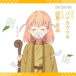 Rule 34 | 1girl, brown kimono, cane, closed eyes, covered mouth, dated, eyebrows hidden by hair, facing viewer, fake facial hair, fake mustache, flower, hair ornament, hashtag, highres, hinoshita kaho, holding, holding cane, japanese clothes, kimono, letterboxed, link! like! love live!, long sleeves, love live!, makki do, medium hair, orange hair, rabbit hair ornament, side ahoge, solo, sweet mockorange, white background, white flower