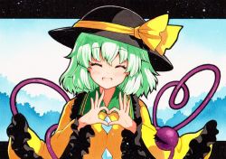 Rule 34 | 1girl, black hat, blue background, closed eyes, facing viewer, frilled sleeves, frills, green hair, hat, hat ribbon, heart, heart hands, heart of string, komeiji koishi, long sleeves, open mouth, qqqrinkappp, ribbon, shirt, short hair, smile, solo, third eye, touhou, traditional media, upper body, wide sleeves, yellow ribbon, yellow shirt