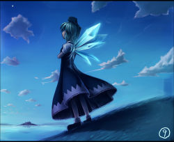 Rule 34 | 1girl, blue theme, circled 9, cirno, cloud, dress, female focus, lain, letterboxed, outdoors, phantasmagoria of flower view, sky, solo, standing, star (sky), touhou, wings