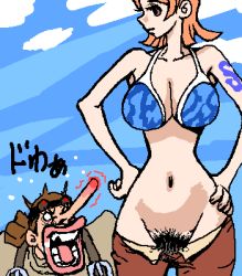 Rule 34 | 1boy, 1girl, black hair, breasts, brown eyes, brown headwear, brown shorts, cleavage, cloud, collarbone, goggles, goggles on head, hands on own hips, hat, izmeznia, large breasts, looking at another, lowres, nami (one piece), navel, no panties, o o, one piece, open clothes, open fly, open mouth, open shorts, orange hair, pubic hair, public indecency, short hair, shorts, shoulder tattoo, sky, tattoo, teeth, usopp