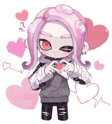 Rule 34 | 1girl, ?, ??, black pants, closed mouth, commentary, cowboy shot, earrings, eyebrow cut, heart, heart hands, highres, jewelry, medium hair, myon rio, nintendo, octoling, octoling girl, octoling player character, one eye closed, pants, pink hair, red eyes, solo, splatoon (series), splatoon 3, symbol-only commentary, tentacle hair, torn clothes, torn pants, white background