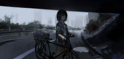Rule 34 | 1girl, absurdres, bicycle, black eyes, black hair, blue jacket, bridge, brown skirt, bus, chinese commentary, cityscape, closed mouth, commentary, highres, jacket, lemtun, motor vehicle, open clothes, open jacket, original, outdoors, road, shirt, short hair, sidelocks, skirt, sleeves past elbows, solo, walking bike, white shirt