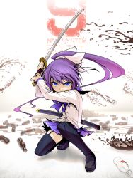 Rule 34 | 1girl, black thighhighs, blue eyes, bottle, bow, character request, coca-cola, ebizome, fighting stance, garter straps, hacker9, hair bow, highres, katana, loafers, long hair, long sleeves, looking at viewer, ponytail, product placement, purple hair, scabbard, school uniform, sheath, shoes, skirt, soda, solo, sword, thighhighs, weapon