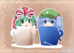 Rule 34 | 2girls, blue eyes, blue hair, chestnut mouth, chibi, cup, female focus, green eyes, green hair, hair bobbles, hair ornament, hair ribbon, hammer (sunset beach), hat, in container, in cup, kagiyama hina, kawashiro nitori, multiple girls, outline, ribbon, smile, touhou, twintails, two side up