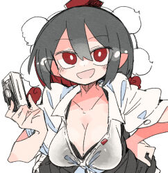 Rule 34 | 1girl, black hair, black skirt, blush, breasts, camera, cleavage, collarbone, collared shirt, hair between eyes, hand on own hip, hat, holding, holding camera, large breasts, massakasama, open mouth, pointy ears, red eyes, red hat, shameimaru aya, shirt, short hair, short sleeves, simple background, skirt, smile, solo, tokin hat, touhou, white background, white shirt