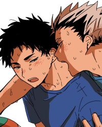 2boys akaashi_keiji aqua_shirt arm_around_shoulder black_hair blue_eyes blue_shirt blush bokuto_koutarou commentary eye_contact haikyuu!! hand_on_another&#039;s_arm highres looking_at_another male_focus multicolored_hair multiple_boys open_mouth profile shirt short_hair simple_background spiked_hair sweat sweatdrop t-shirt teeth umiusiinu45 upper_body upper_teeth_only volleyball white_background