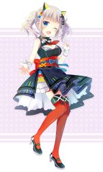 Rule 34 | 1girl, ;d, bad id, bad pixiv id, blue eyes, blush, breasts, cleavage, cleavage cutout, clothing cutout, commentary request, dress, fang, fingernails, frilled dress, frills, full body, grey hair, hair ornament, hairclip, highres, kaguya luna, leg up, looking at viewer, medium breasts, medium hair, nail polish, obi, one eye closed, open mouth, polka dot, polka dot background, purple nails, red thighhighs, sash, shiiba nae, shoes, sleeveless, sleeveless dress, smile, solo, standing, standing on one leg, the moon studio, thighhighs, twintails, two-tone background, virtual youtuber, wristband