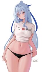 Rule 34 | 1girl, absurdres, artist name, black panties, blue hair, breasts, commentary, cowboy shot, cropped shirt, english commentary, half updo, head tilt, highres, honkai: star rail, honkai (series), jingliu (honkai: star rail), light blue hair, long hair, looking at viewer, medium breasts, midriff, navel, no pants, panties, panty pull, pulling own clothes, red eyes, shirt, short sleeves, simple background, solo, stomach, taiko bo, thigh gap, underwear, very long hair, white background, white shirt, wide hips