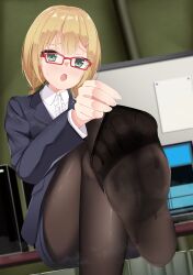 Rule 34 | 1girl, absurdres, blonde hair, blush, clothes pull, feet, glasses, green eyes, highres, jamie hazaford, looking at viewer, medium hair, open mouth, pantyhose, pantyhose pull, shirogane no ishi argevollen, soles, steam, sweat, toes