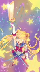 Rule 34 | 1girl, absurdres, alternate color, alternate costume, annie (skullgirls), bishoujo senshi sailor moon, blonde hair, blue eyes, boots, braid, choker, cosplay, elbow gloves, eyepatch, from above, gloves, highres, long hair, open mouth, pleated skirt, rainbow background, rainbow gradient, sailor moon, sailor moon (cosplay), skirt, skullgirls, smile, solo, star (symbol), sword, thigh boots, tsukino usagi, tsukino usagi (cosplay), twin braids, weapon
