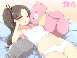 Rule 34 | 10s, 1girl, alternate costume, animal print, ayanami (kancolle), bear panties, bear print, blouse, breasts, brown hair, cameltoe, camisole, character name, covered erect nipples, kantai collection, long hair, lying, medium breasts, navel, on back, on bed, panties, print panties, shirt, side ponytail, signature, solo, stuffed animal, stuffed toy, tank top, tears, teddy bear, underwear, underwear only, watanon (gakushokutei), white panties, white shirt, wiping tears