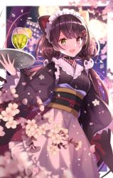 Rule 34 | animal ears, apron, bad id, bad pixiv id, black collar, black kimono, border, breasts, brown hair, cat ears, cherry blossoms, collar, commentary request, cowboy shot, dot nose, drink, drinking straw, fang, flower, frilled apron, frills, furisode, hair flower, hair ornament, hand up, heterochromia, highres, holding, holding plate, inui toko, japanese clothes, kimono, long hair, long sleeves, low twintails, maid, maid headdress, medium breasts, nail polish, nijisanji, nozomi fuuten, obi, petals, pink nails, plate, red eyes, red flower, red ribbon, ribbon, sash, solo, sparkle, swept bangs, twintails, very long hair, virtual youtuber, wa maid, waist apron, white border, wide sleeves, yellow eyes