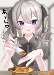 Rule 34 | 1girl, black ribbon, black shirt, blue eyes, blush, commission, food, grey hair, hair between eyes, hair ribbon, highres, incoming food, jewelry, kantai collection, kashima (kancolle), long hair, looking at viewer, official alternate costume, open mouth, puffy short sleeves, puffy sleeves, ribbon, ring, shirt, short sleeves, sidelocks, skeb commission, solo, spoon, table, twintails, twitter username, upper body, wedding ring, yoshino (mfmfpng)