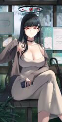 Rule 34 | 1girl, absurdres, black hair, blue archive, breasts, bus stop, cellphone, cleavage, closed mouth, collarbone, dongtan dress, dress, grey dress, hair ornament, hairpin, highres, holding, holding phone, korean text, large breasts, long hair, long sleeves, looking at viewer, meme attire, okkimon, outdoors, phone, red eyes, rio (blue archive), smartphone, solo, umbrella