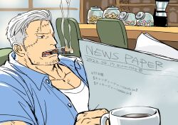 Rule 34 | 1boy, bara, coffee cup, cup, disposable cup, facial hair, from side, holding, holding newspaper, kokorozashi, male focus, mature male, medium sideburns, muscular, muscular male, newspaper, one piece, open clothes, open shirt, pectoral cleavage, pectorals, reading, scar, scar on face, scar on forehead, short hair, sideburns stubble, smoker (one piece), smoking, solo, sparse stubble, stitches, stubble, tsurime, white hair