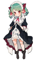 Rule 34 | 1girl, black dress, black footwear, blush, boots, bow, breasts, clothes lift, doll joints, dress, dress lift, full body, gloves, green hair, hair bow, highres, ikeuchi tanuma, joints, kneehighs, lifted by self, long hair, looking at viewer, maid, maid headdress, medium breasts, original, pointy ears, red bow, red eyes, red neckwear, sidelocks, simple background, socks, solo, standing, twintails, white background, white gloves, white socks, wing collar