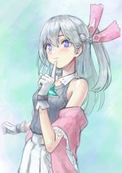 Rule 34 | + +, 1girl, aqua background, bare shoulders, black shirt, blue eyes, blush, braid, breasts, brooch, closed mouth, cowboy shot, crystal, female focus, french braid, gloves, grey hair, hagoromo, hair ornament, hand up, happy, highres, index finger raised, jewelry, level9kaito, light blush, long hair, looking at viewer, multicolored eyes, one side up, pleated skirt, purple eyes, ribbed shirt, shawl, shirt, shirt tucked in, simple background, sketch, skirt, sleeveless, sleeveless shirt, small breasts, smile, solo, standing, stella (world flipper), white gloves, white skirt, world flipper