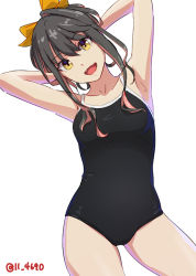 Rule 34 | 1girl, 4690 (tkpbsk), arms up, black hair, black one-piece swimsuit, bow, hair bow, hair up, kantai collection, looking at viewer, multicolored hair, naganami (kancolle), one-hour drawing challenge, one-piece swimsuit, open mouth, pink hair, standing, swimsuit, twitter username, white background, yellow eyes