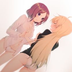 Rule 34 | 10s, 2girls, akahito, ass, blonde hair, blush, bow, bow panties, breasts, closed mouth, collarbone, collared shirt, cowboy shot, dress shirt, dutch angle, eyelashes, closed eyes, from behind, furrowed brow, holding hands, interlocked fingers, light particles, long hair, long sleeves, looking at another, medium breasts, multiple girls, navel, new game!, no pants, open mouth, panties, partially unbuttoned, pink bow, profile, purple eyes, red hair, shirt, short hair, stomach, sweatdrop, tears, tooyama rin, underwear, wavy mouth, white background, white panties, white shirt, yagami kou, yuri