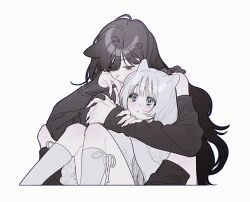 Rule 34 | 2girls, animal ears, black eyes, black hair, black leg warmers, black sweater, blue eyes, blush, border, cat ears, cat girl, closed mouth, clothing cutout, detached sleeves, dress, expressionless, film grain, fingernails, grey hair, hand on another&#039;s arm, hand on own cheek, hand on own face, highres, hug, hug from behind, kneehighs, knees up, long hair, long sleeves, looking at another, mole, mole under eye, multiple girls, nanoka san, original, pale skin, parted lips, reclining, short hair, shoulder cutout, simple background, single bare shoulder, sitting, socks, sweater, white background, white border, white dress, white hair, white socks, yuri