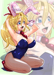 Rule 34 | 1girl, animal ears, blonde hair, blue eyes, breasts, character request, cleavage, detached collar, fake animal ears, female focus, fishnets, full body, hair ribbon, high heels, large breasts, long hair, necktie, noriten, open mouth, original, pantyhose, playboy bunny, ponytail, rabbit ears, ribbon, smile, solo, wrist cuffs