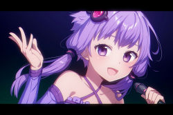 Rule 34 | 1girl, :d, ai kusunoki, anime coloring, bare shoulders, black background, blush, collarbone, commentary, dress, frilled dress, frills, hair ornament, hairband, halterneck, hands up, highres, holding, holding microphone, letterboxed, light blush, lips, looking at viewer, microphone, open mouth, portrait, purple dress, purple eyes, purple hair, short hair with long locks, smile, solo, vocaloid, voiceroid, yuzuki yukari