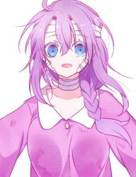 Rule 34 | 10s, 1girl, :d, ahoge, bandaged head, bandaged neck, bandages, bandaid, bandaid on cheek, bandaid on face, blue eyes, braid, commentary request, crazy eyes, dress, hair between eyes, hair over shoulder, happy sugar life, highres, kaoruru (sakuno2911), looking at viewer, open mouth, purple dress, purple hair, satou&#039;s aunt, simple background, single braid, smile, solo, white background, wide-eyed