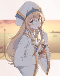 Rule 34 | 10s, 1girl, blue eyes, blurry, blurry background, blush, cherry, closed mouth, depth of field, dress, eating, food, food in mouth, fruit, goblin slayer!, hair between eyes, hat, holding, holding food, horizon, ice cream, light brown hair, long hair, long sleeves, looking at viewer, looking to the side, ocean, priestess (goblin slayer!), solo, toki (yoyobozi), very long hair, wafer stick, water, white dress, white hat, wide sleeves