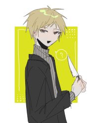 Rule 34 | 1boy, ?, atou haruki, black jacket, blonde hair, chinese commentary, commentary request, grey sweater, holding, holding knife, jacket, kmnaokjsrk, knife, long sleeves, male focus, open clothes, open jacket, open mouth, red eyes, ribbed sweater, saibou shinkyoku, short hair, smile, solo, spoken question mark, sweater, turtleneck, turtleneck sweater, upper body