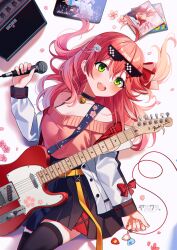 Rule 34 | 1girl, absurdres, bare shoulders, bass guitar, black skirt, black thighhighs, breasts, cover, deal with it (meme), electric guitar, fender telecaster, glasses, green eyes, guitar, hair between eyes, hair ornament, highres, hololive, instrument, jacket, long hair, long sleeves, medium breasts, meme, microphone, off shoulder, open mouth, red hair, red sweater, sakura miko, skirt, smile, solo, sweater, thighhighs, virtual youtuber, white jacket, x hair ornament, yaruwashi
