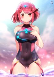Rule 34 | 1girl, artist name, blush, breasts, chinchongcha, closed mouth, cloud, competition swimsuit, covered navel, gem, hair ornament, hand on breast, headpiece, highres, jewelry, large breasts, looking at viewer, nintendo, one-piece swimsuit, pyra (xenoblade), red eyes, red hair, short hair, sky, smile, swept bangs, swimsuit, tiara, water, xenoblade chronicles (series), xenoblade chronicles 2
