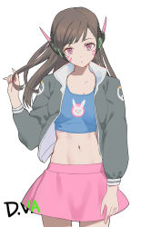 Rule 34 | 1girl, :&lt;, alternate eye color, animal print, arm at side, blue shirt, breasts, brown hair, casual, character name, cowboy shot, d.va (overwatch), facepaint, facial mark, grey jacket, hand in own hair, head tilt, headphones, highres, hunter.g, jacket, logo, long hair, long sleeves, looking at viewer, midriff, miniskirt, navel, overwatch, overwatch 1, patch, pink eyes, pink skirt, rabbit print, ruffling hair, shirt, simple background, sketch, skirt, small breasts, solo, whisker markings, white background