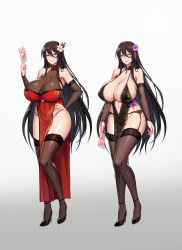 Rule 34 | 1girl, absurdres, bare shoulders, black hair, black thighhighs, blush, breasts, china dress, chinese clothes, choker, cleavage, closed mouth, clothing cutout, covered navel, detached sleeves, dress, feet, female focus, flower, full body, garter belt, garter straps, gradient background, groin, hair between eyes, hair flower, hair ornament, hand on own hip, hand up, high heels, highres, huge breasts, kcccc, legs, long hair, looking at viewer, navel, navel cutout, ofuda, original, pelvic curtain, red eyes, revealing clothes, simple background, smile, standing, thighhighs, thighs, white background