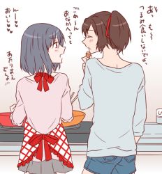 Rule 34 | 10s, 2girls, ^ ^, apron, bad id, bad pixiv id, black hair, brown hair, checkered apron, checkered clothes, chopsticks, closed eyes, contemporary, cooking, eating, food, ise (kancolle), kantai collection, long hair, multiple girls, open mouth, ponytail, short hair, shorts, skirt, smile, stove, translation request, udon (shiratama), yamashiro (kancolle)