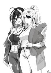 Rule 34 | 2girls, ahoge, animal collar, artist logo, bag, belt, breasts, cleavage, collar, dated, eyepatch, feet out of frame, gloves, grand admiral marina, greyscale, guardian tales, highres, holding, holding bag, jacket, long hair, looking at another, monochrome, multiple girls, navel, open clothes, open jacket, open mouth, pants, ponytail, scar, scar on face, shirt, stuffed toy, toned, warlord mercenary orca, white background, will2012tw