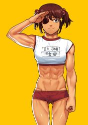 Rule 34 | 1girl, abs, brown hair, cessa, crop top, eyepatch, hand up, kamoi tsubame, looking at viewer, midriff, muscular, muscular female, navel, red shorts, shirt, short hair, shorts, simple background, smile, solo, twintails, uchi no maid ga uzasugiru!, white shirt, yellow background