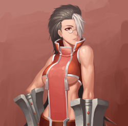 Rule 34 | 1girl, bare shoulders, belt, black hair, blazblue, cropped, diestro, gender request, genderswap, glasses, hair over one eye, hand on own hip, highres, iron tager, lips, mechanical arms, multicolored hair, parted lips, pince-nez, red eyes, revision, smile, solo, two-tone hair, white hair