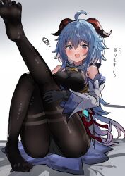 Rule 34 | 1girl, ahoge, bare shoulders, barefoot, bell, black gloves, black pantyhose, blue hair, blush, bodystocking, breasts, chinese knot, cowbell, detached sleeves, ganyu (genshin impact), genshin impact, gloves, goat horns, gold trim, highres, horns, leotard, leotard under clothes, long hair, long sleeves, low ponytail, medium breasts, neck bell, pantyhose, pink eyes, purple eyes, qilin (mythology), rope, sidelocks, the olphy, white sleeves