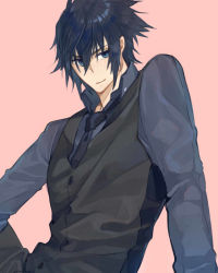 Rule 34 | 1boy, black hair, black necktie, blue eyes, collared shirt, dress shirt, final fantasy, final fantasy xv, formal, grey shirt, hair between eyes, hand on own hip, highres, looking to the side, male focus, necktie, nini tw99, noctis lucis caelum, pink background, shirt, short hair, smile, solo, spiked hair, square enix, upper body, waistcoat