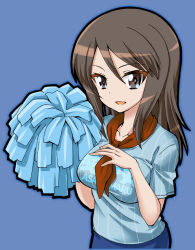 Rule 34 | 1girl, ascot, blue shirt, brown eyes, brown hair, clothes writing, commentary, fujimaru arikui, girls und panzer, hand on own chest, holding, holding pom poms, long hair, looking at viewer, mika (girls und panzer), no headwear, open mouth, pom pom (cheerleading), pom poms, shirt, short sleeves, simple background, smile, solo, striped clothes, striped shirt, t-shirt, upper body, vertical-striped clothes, vertical-striped shirt
